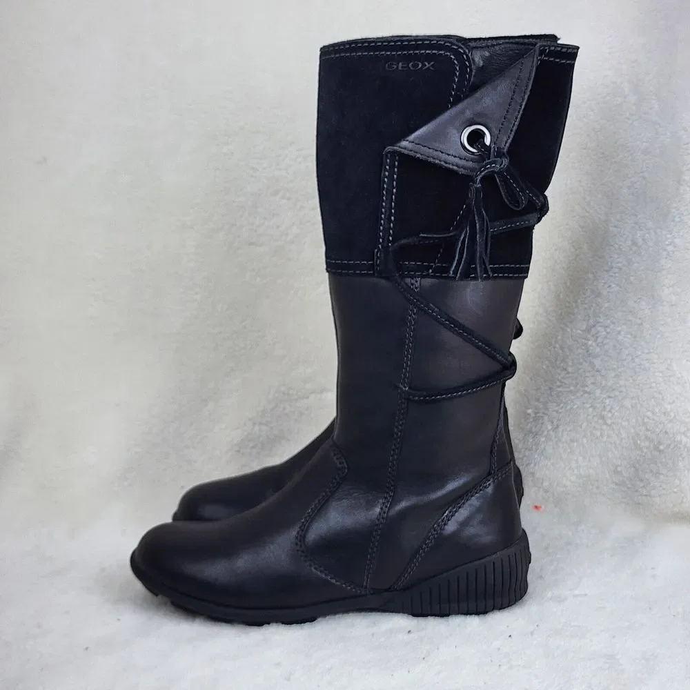 Geox Youth Black Suede Leather Zip Straps Mid Calf Comfort Winter Boots Size 3